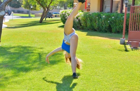 Naughty teen exposes her bare ass out in public before masturbating at home