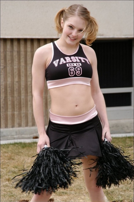 Cute cheerleader Chloe flashes hot panty upskirt outdoors & teases topless