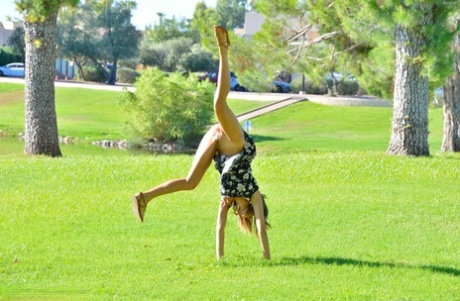 Fresh face Averie showing pantiless upskirt by the lake and fisting pussy