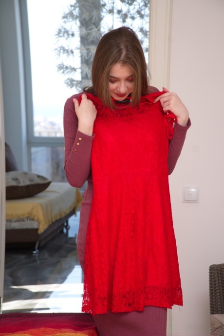 Tall 18 year old Eliza Thorne seduces her date while wearing a red dress