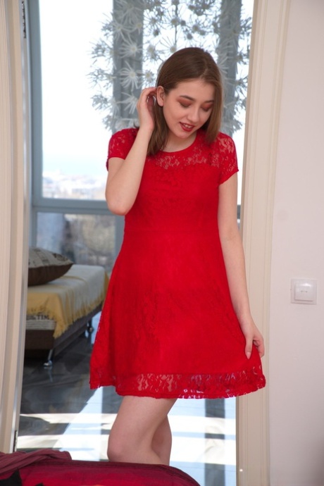 Tall 18 year old Eliza Thorne seduces her date while wearing a red dress