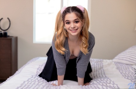 Cute young girl Molly Little finger spreads her pussy in pigtails
