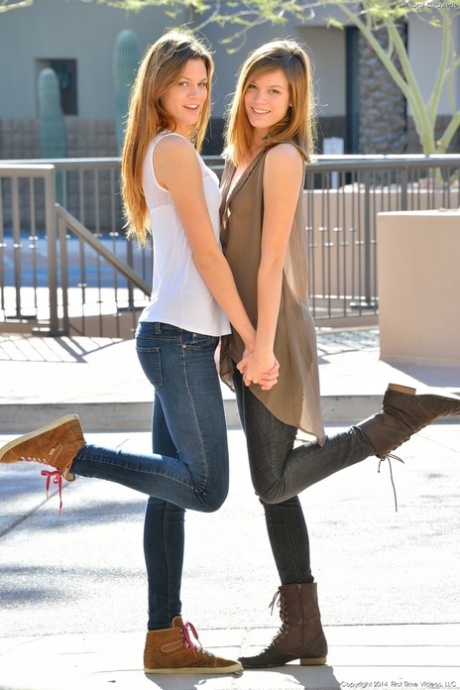 Teen girls in jeans strip naked on the street to show tiny tits & spread ass