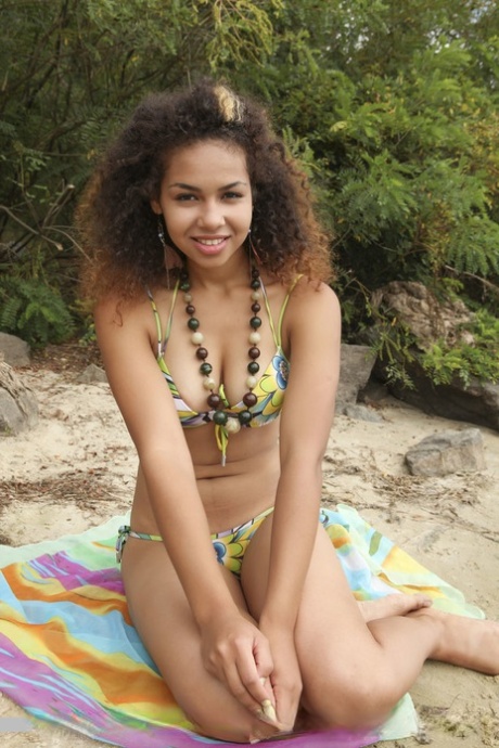 Ebony babe Sara Nicole exposing tiny teen tits on beach during glam spread