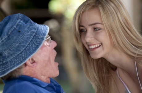Innocent teen Abigail Johnson French kisses an old man and gives him hot BJ