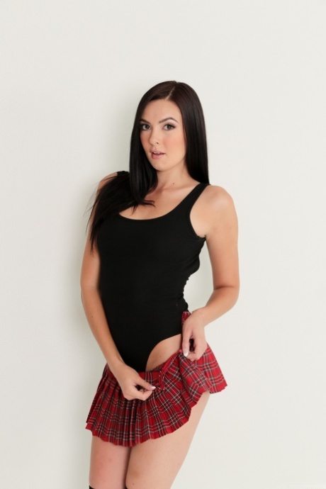 Slender sexy Marley Brinx drops schoolgirl skirt & anal toys with glass dildo
