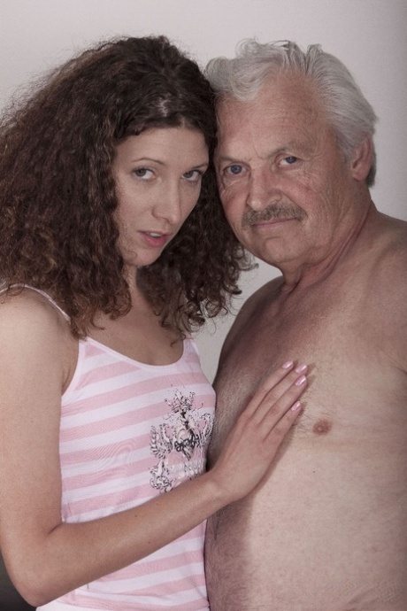 Curly haired teen Stephanie Sierra rides an old dude's dong on a chair