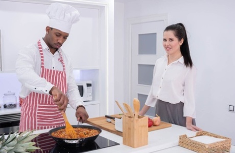 Brunette wife Cassie Fire gives her chef's BBC a hardcore anal ride