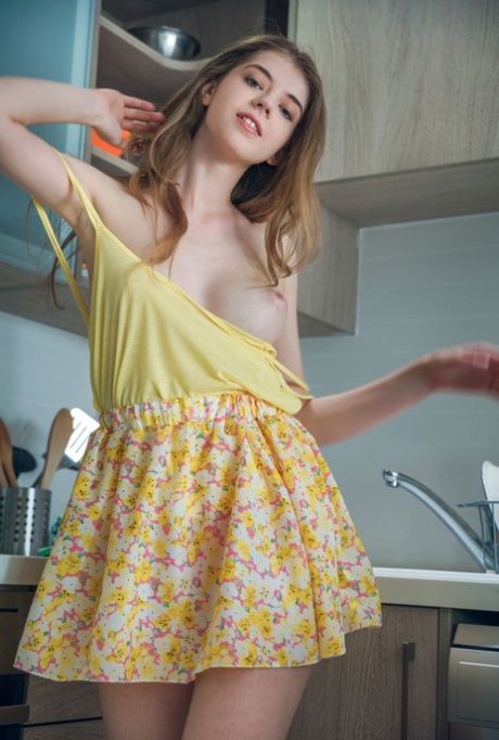 Young housewife Kay J strips & touches her perky tits and pussy in the kitchen