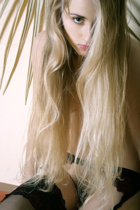 Blonde babe Vera E poses only in a garter belt and teases with her bushy cunt