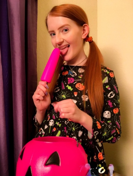 Fearless ginger teen Krystal Orchid masturbates on Halloween night