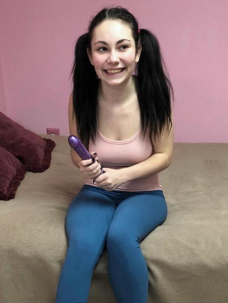 Skinny babe Lenna Lux bares her big tits & toys her hairy pussy with a dildo