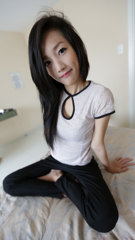 Asian girl Mi shows off her petite body & gives a big dick a POV ride