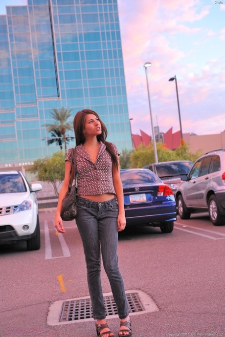 Gorgeous blue-eyed teen with adorable tits Shyla reveals her body in public