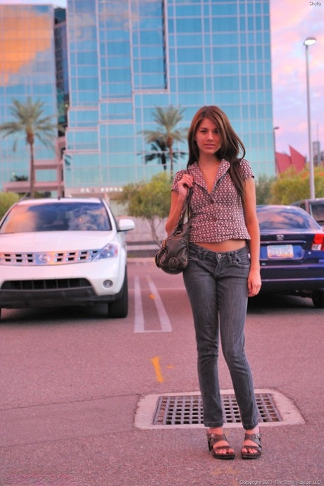 Gorgeous blue-eyed teen with adorable tits Shyla reveals her body in public