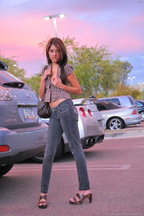 Gorgeous blue-eyed teen with adorable tits Shyla reveals her body in public